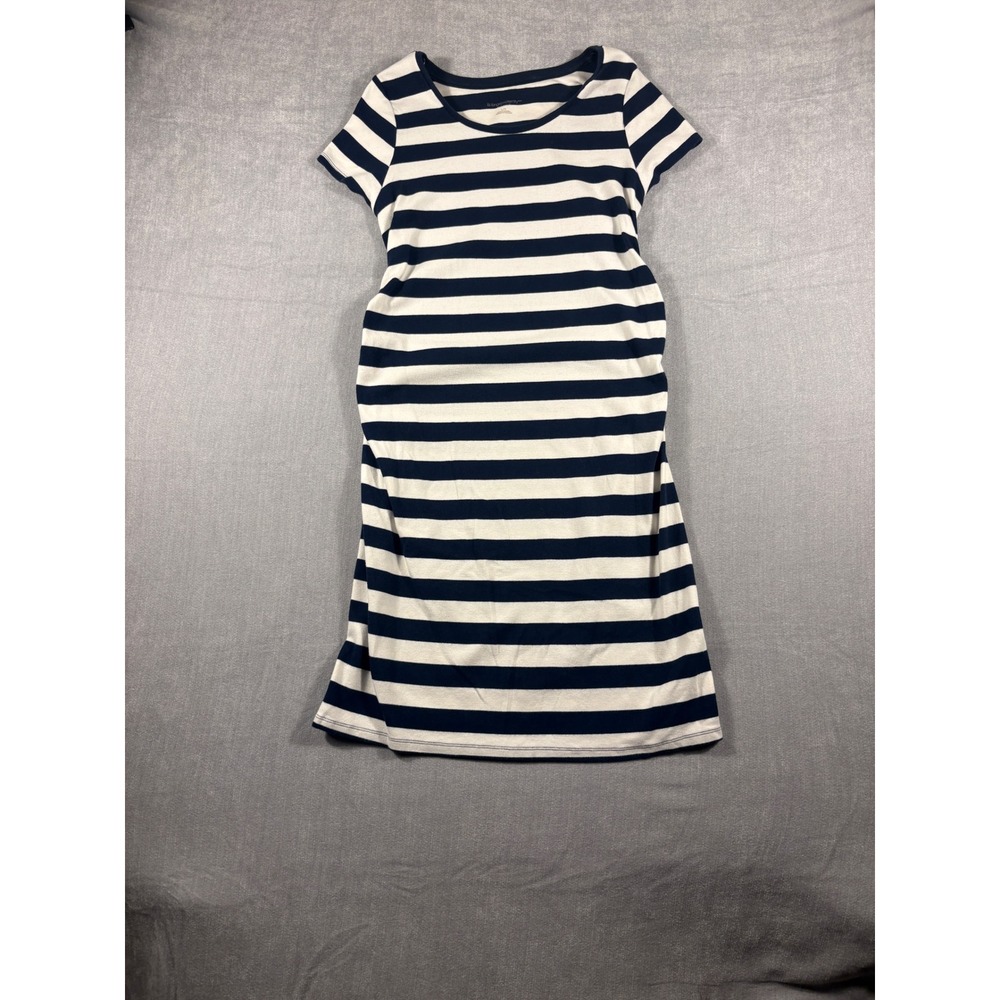 Liz Lange Maternity Navy Blue White Striped Ruched Short Sleeve Dress Size L